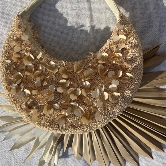Viral Beige/Neutral Beaded Bag, Moon Shape Shoulder Bag, Handmade NWT Summer Bag - Picture 5 of 5